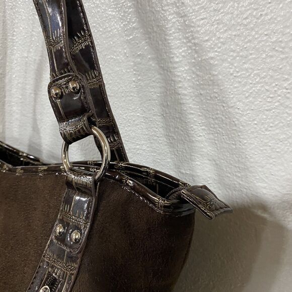 Sag Harbor Brown Lacquer Faux Crocodile Skin Handbag Purse Tote Silver Hardwear - Picture 4 of 15